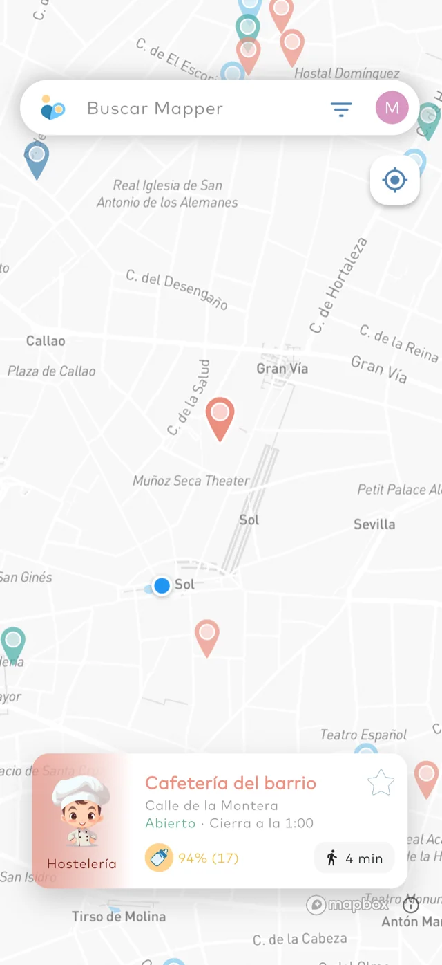 La app MaterMap: la ficha de una cafetería abierta, a 4 minutos andando.