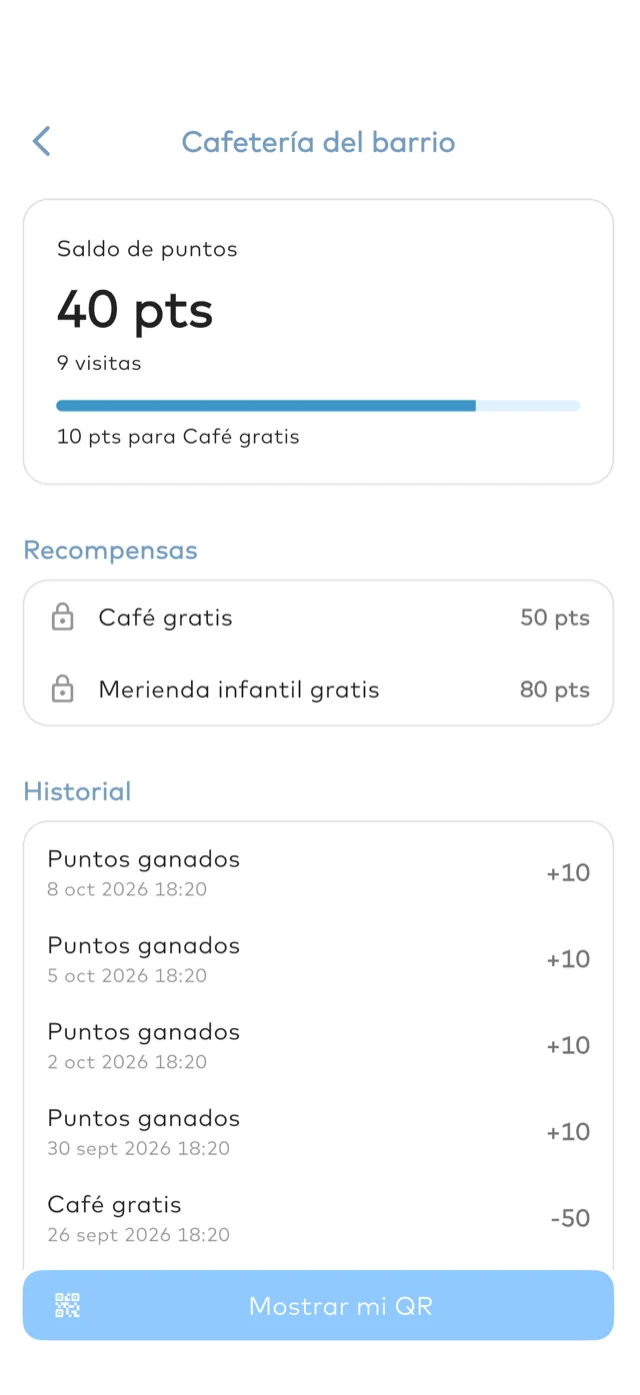 La app MaterMap: los puntos en una cafetería, sus recompensas y el historial.